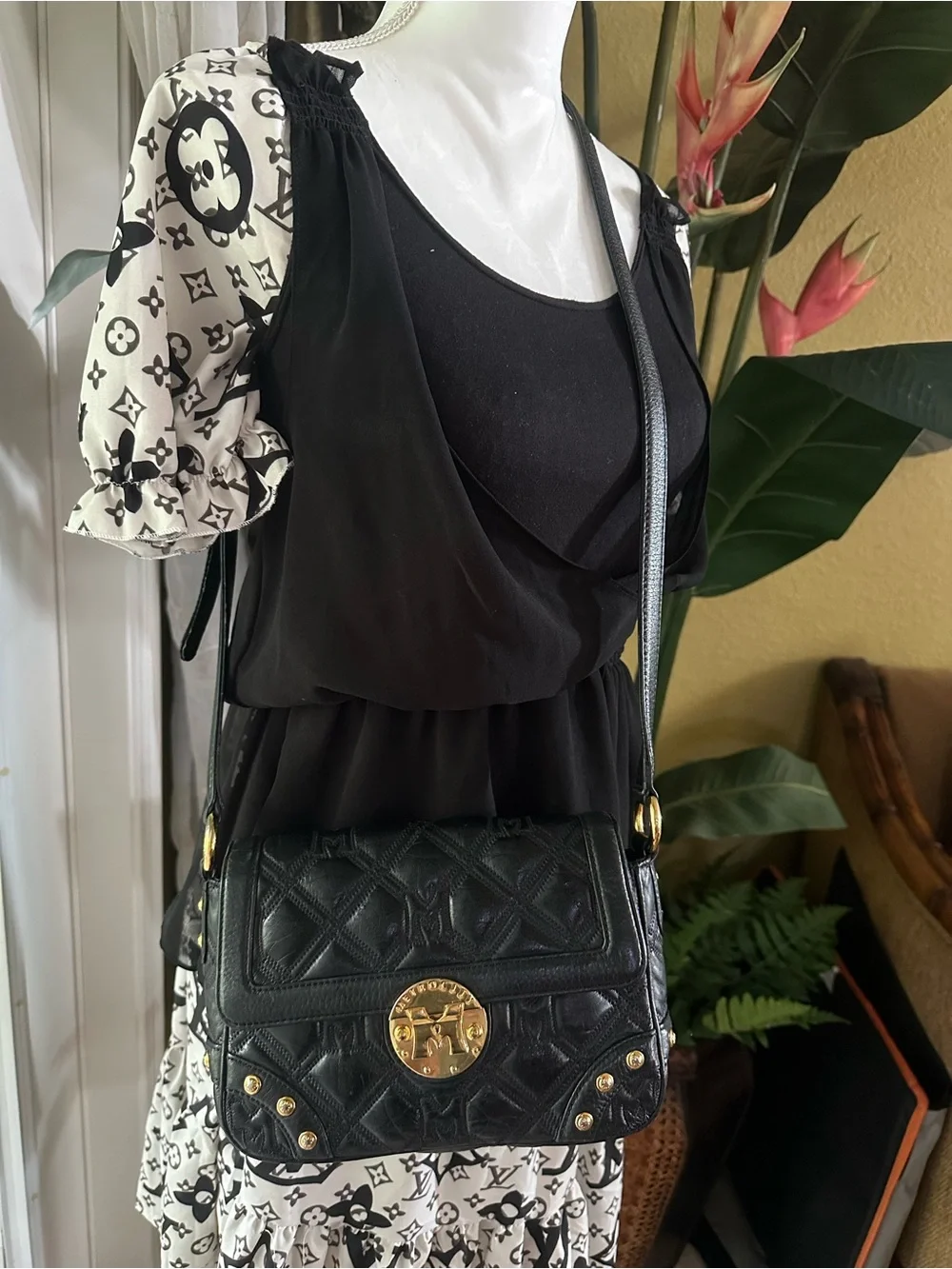Metrocity Black Quilted Leather Crossbody Bag with Gold Hardware